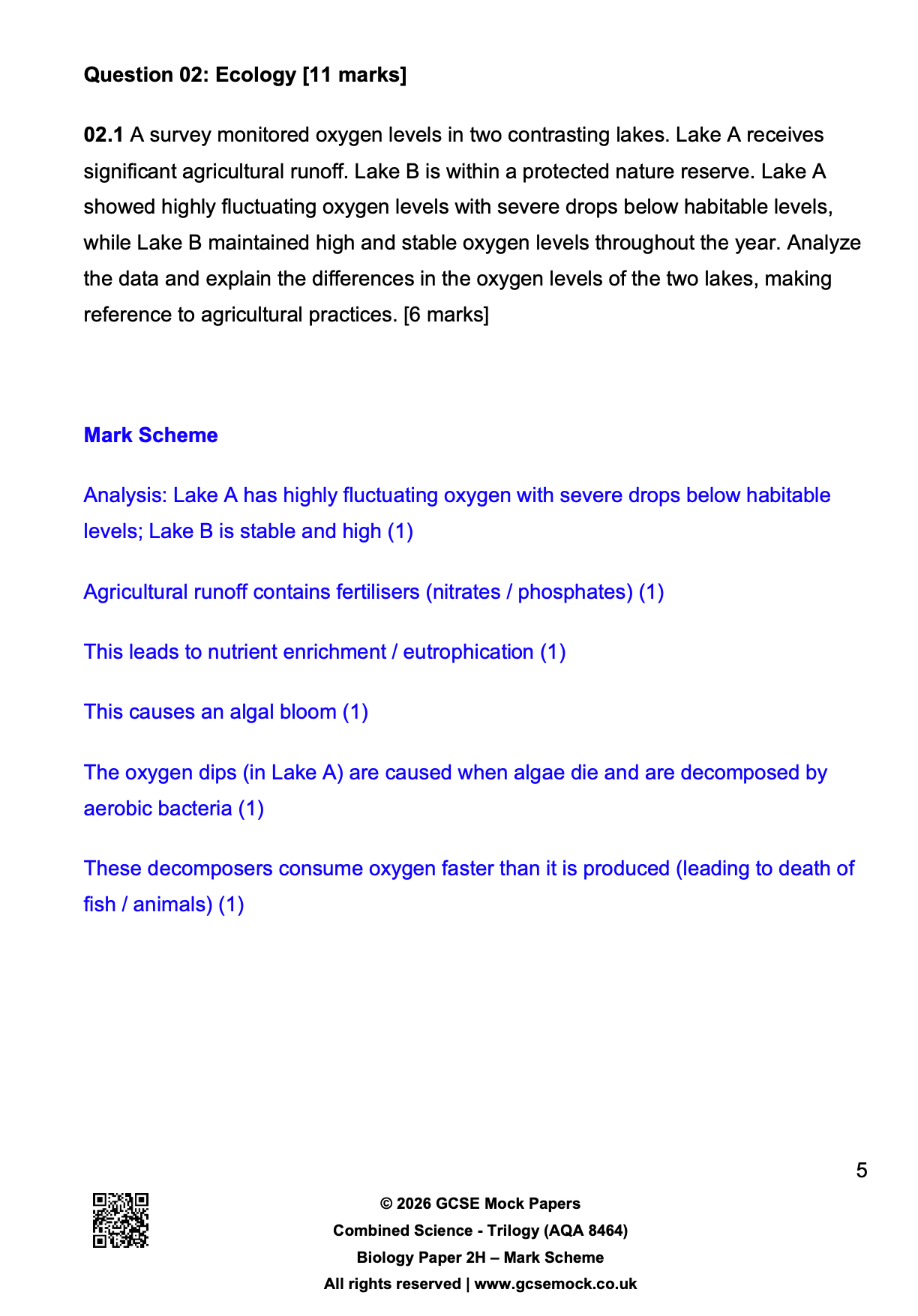 Prepare for the 2026 exams with our meticulously predicted AQA Biology Paper 1H. Includes popular topics such as ecology,  with mark scheme for analysing oxygen levels in two lakes.