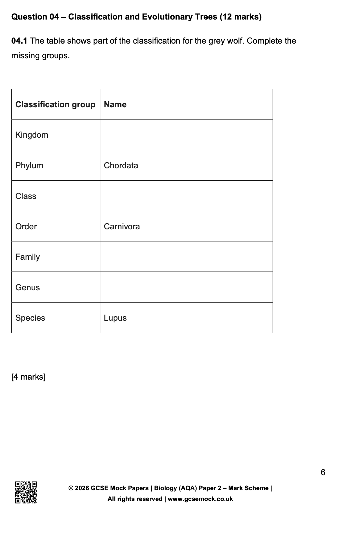 This image displays page 6 of a comprehensive GCSE Biology AQA Paper 2 Mark Scheme, part of a 2026 mock exam series from gcsemock.co.uk. The page features the model answer guidelines for Question 04.1, which focuses on the classification of the grey wolf.

The question, worth 4 marks, asks students to complete a partially filled missing groups table for the grey wolf's taxonomic hierarchy. The classification groups listed are: Kingdom, Phylum, Class, Order, Family, Genus, and Species. Provided group names i