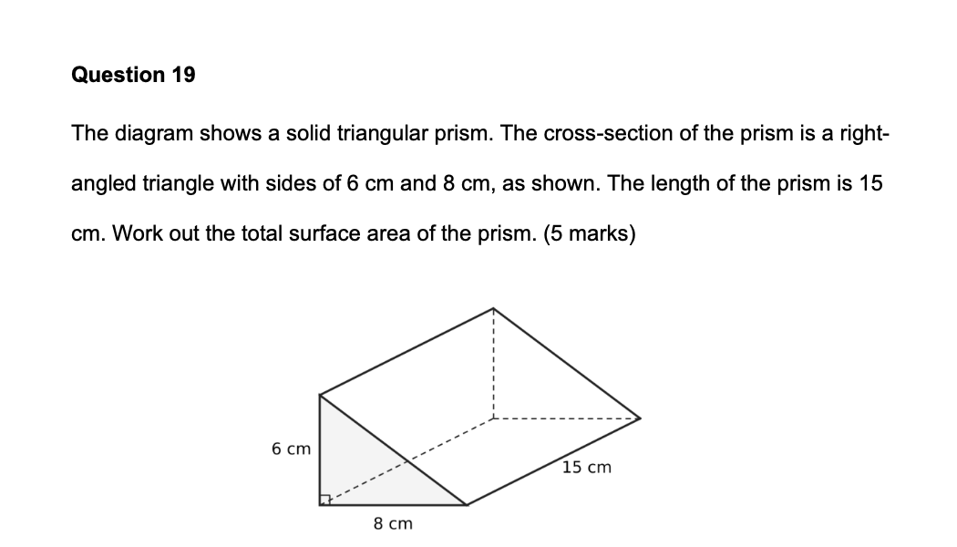 Sample preview of 2027 Edexcel GCSE Maths predicted paper showing a 5-mark geometry question on calculating the total surface area of a solid triangular prism with dimensions 6 cm, 8 cm, and 15 cm.