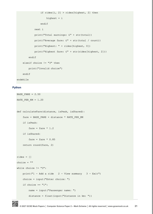 Sample preview of 2027 OCR GCSE Computer Science Paper 2 predicted mark scheme showing OCR pseudocode and Python algorithm solutions.
