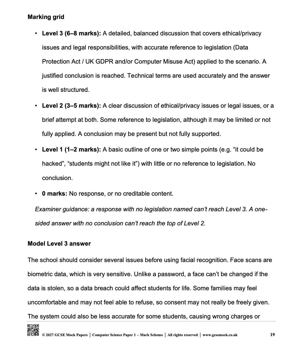 Sample preview of 2027 OCR GCSE Computer Science Paper 1 mark scheme displaying an 8-mark marking grid, examiner guidance, and a model Level 3 answer on facial recognition ethics.