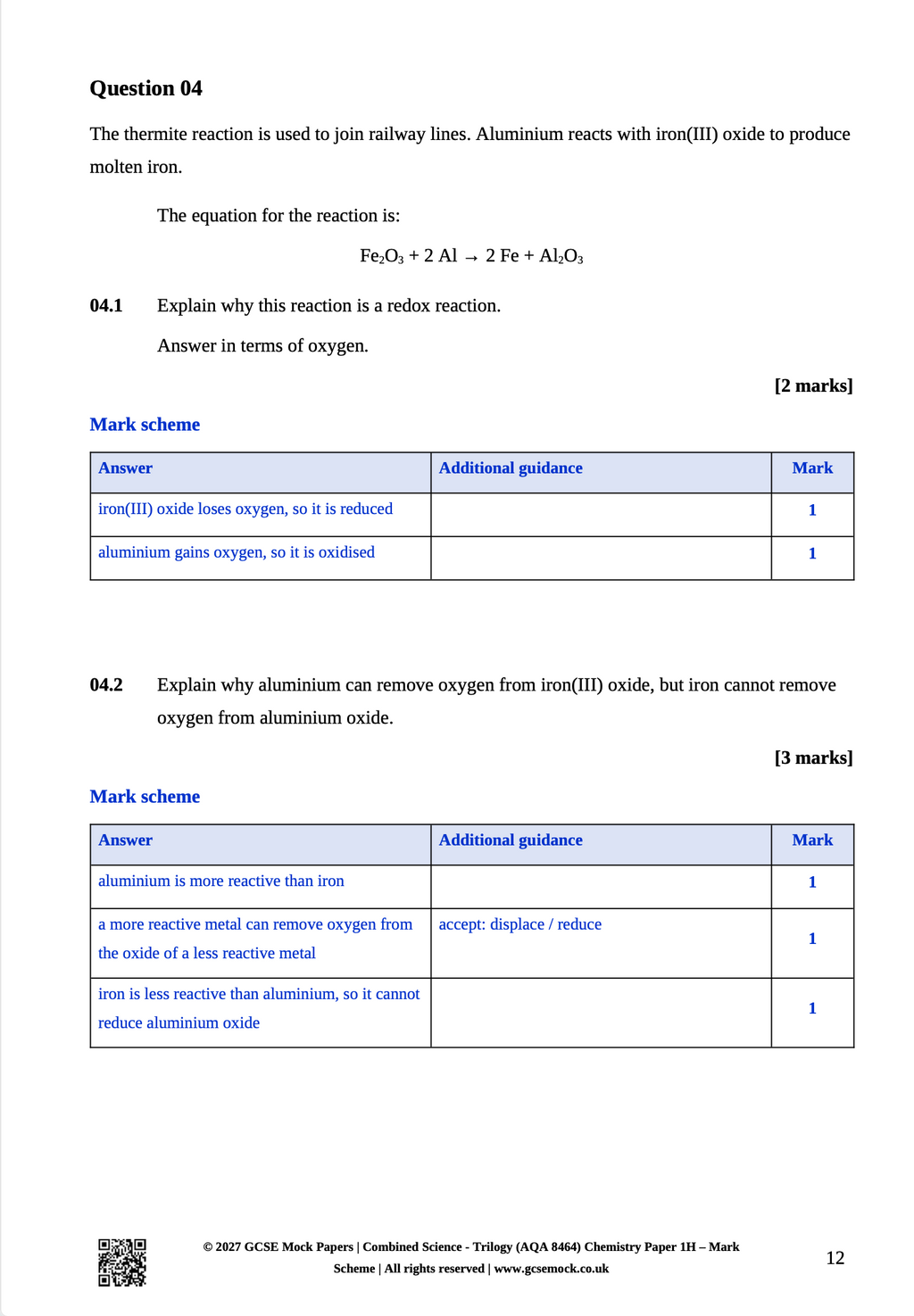 2027 AQA Combined Science Trilogy (8464) predicted paper and mark scheme sample. Chemistry Paper 1H mock exam question on the thermite reaction.