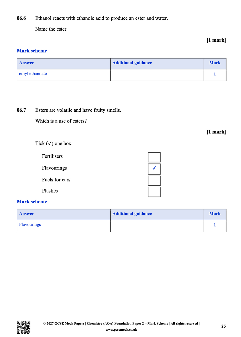 GCSE Chemistry mock exam question page covering organic chemistry and esters (naming ethyl ethanoate and identifying uses of esters), complete with corresponding mark scheme tables.