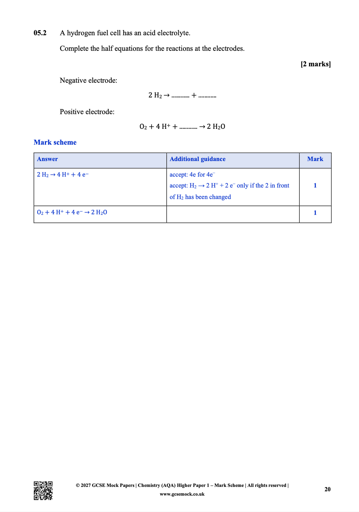 GCSE Chemistry mock exam question page showing a hydrogen fuel cell half-equation problem with an acid electrolyte and the corresponding mark scheme table.