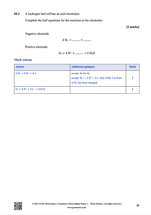 GCSE Chemistry mock exam question page showing a hydrogen fuel cell half-equation problem with an acid electrolyte and the corresponding mark scheme table.