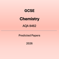 A graphic with a peach-coloured background featuring bold text that reads "GCSE Chemistry AQA 8462". Below a horizontal blue line, the text continues with "Predicted Papers 2026"