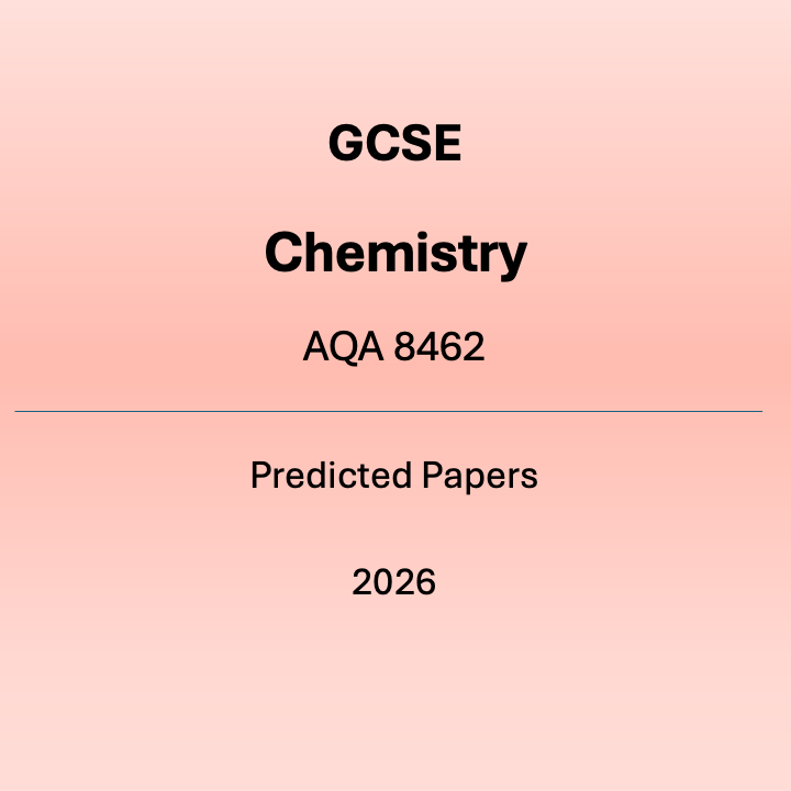 A graphic with a peach-coloured background featuring bold text that reads "GCSE Chemistry AQA 8462". Below a horizontal blue line, the text continues with "Predicted Papers 2026"