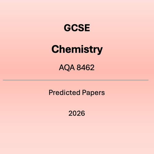 A graphic with a peach-coloured background featuring bold text that reads "GCSE Chemistry AQA 8462". Below a horizontal blue line, the text continues with "Predicted Papers 2026"