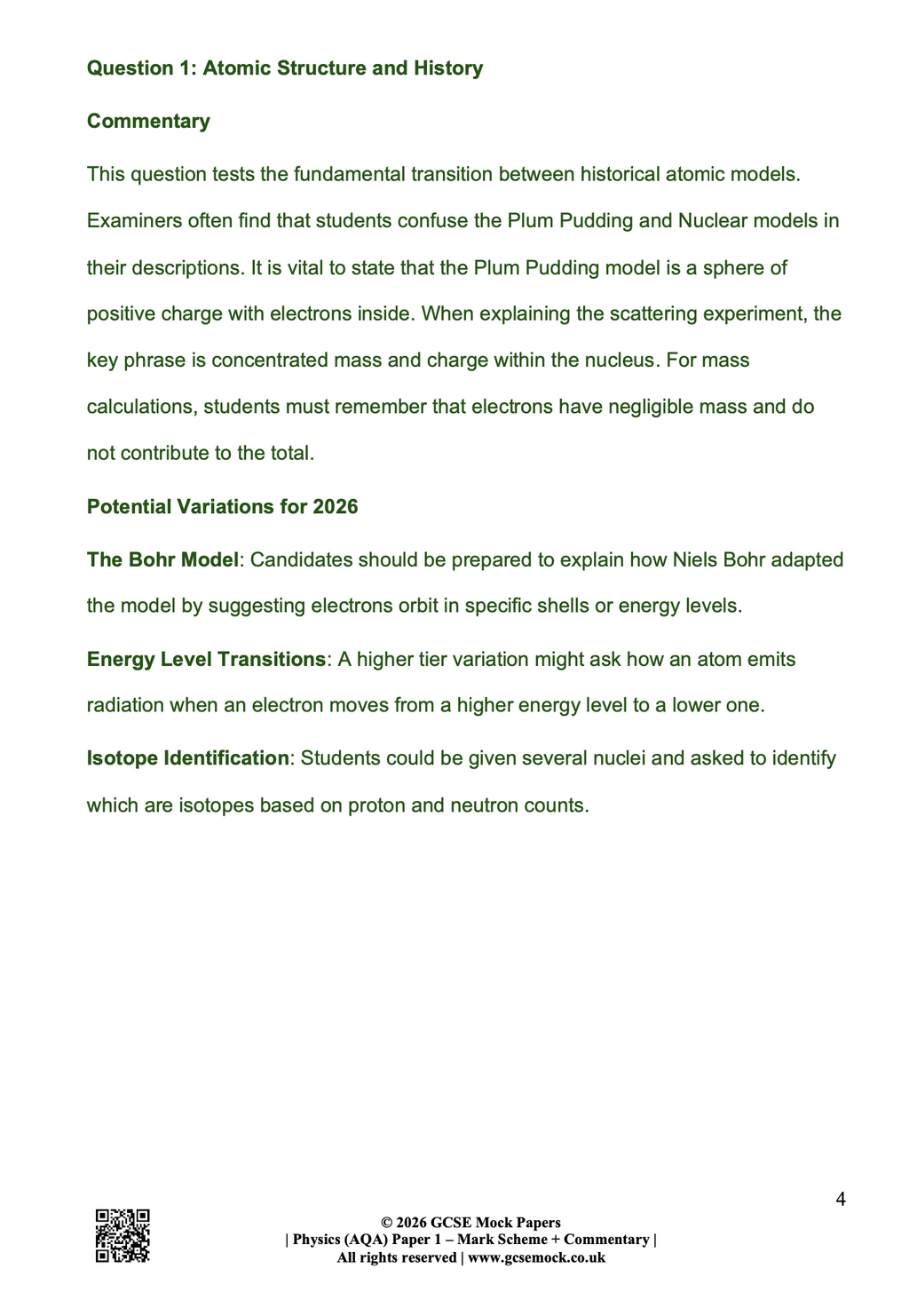 A sample page of the expert examiner commentary for the 2026 GCSE Physics (AQA) Paper 1 Predicted Paper. The document features meticulous insights into Atomic Structure and History, including potential variations such as the Bohr Model and Energy Level Transitions, highlighted in a green font colour to assist students during their final revision.