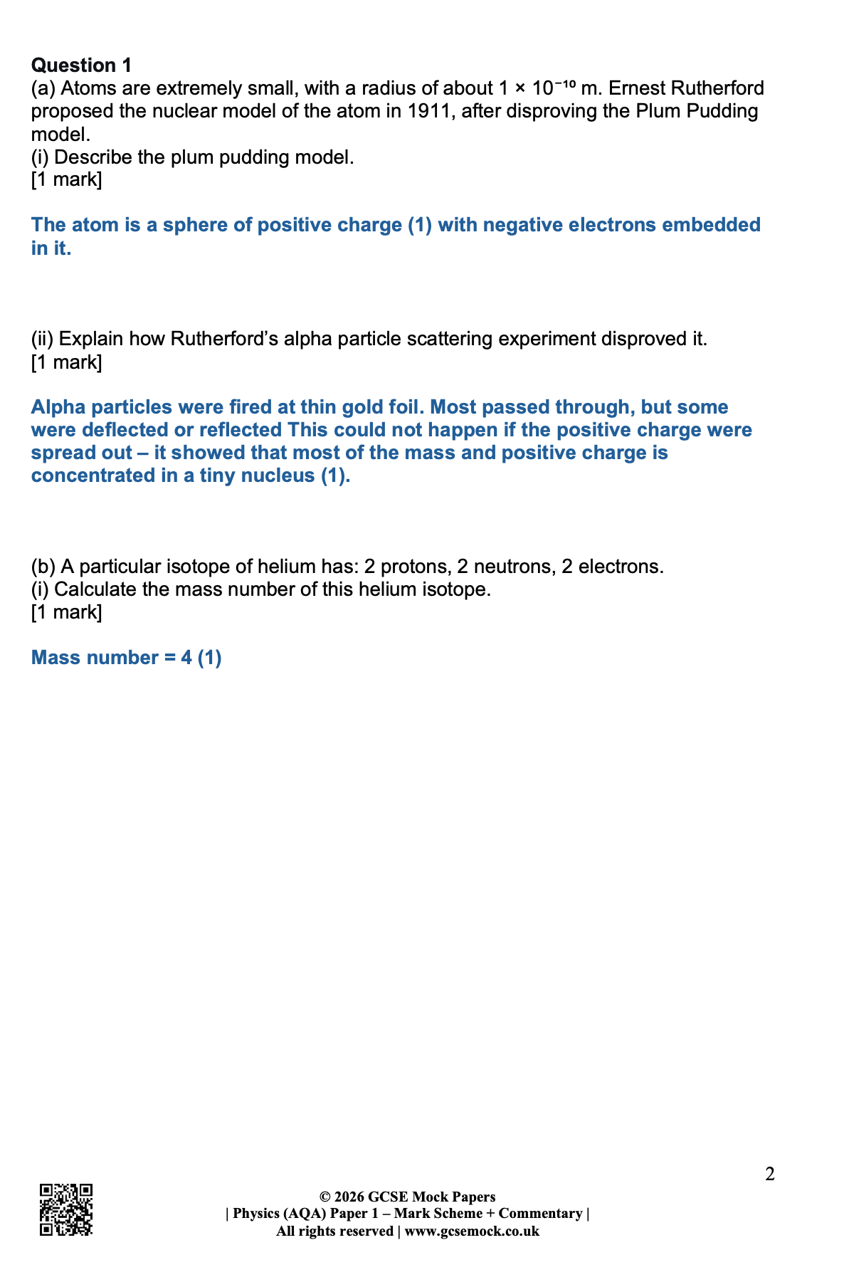A professional sample page from the 2026 GCSE Physics (AQA) Paper 1 mark scheme. The image displays model answers for questions on the plum pudding model, Rutherford's alpha particle scattering experiment, and isotope mass number calculations. The document includes the official gcsemock.co.uk branding and QR code.