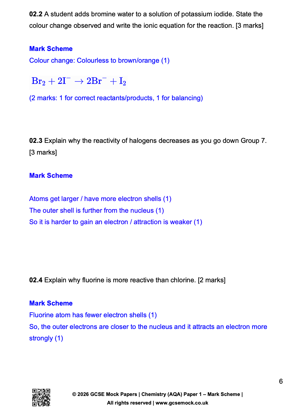 Sample mark scheme for AQA GCSE Chemistry Paper 1 showing ionic equations for halogen displacement and reactivity trends