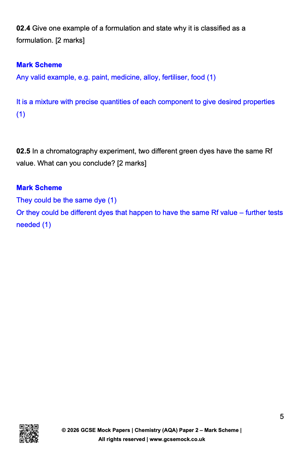 Sample mark scheme for AQA GCSE Chemistry Paper 2 covering definitions of formulations and chromatography Rf value analysis