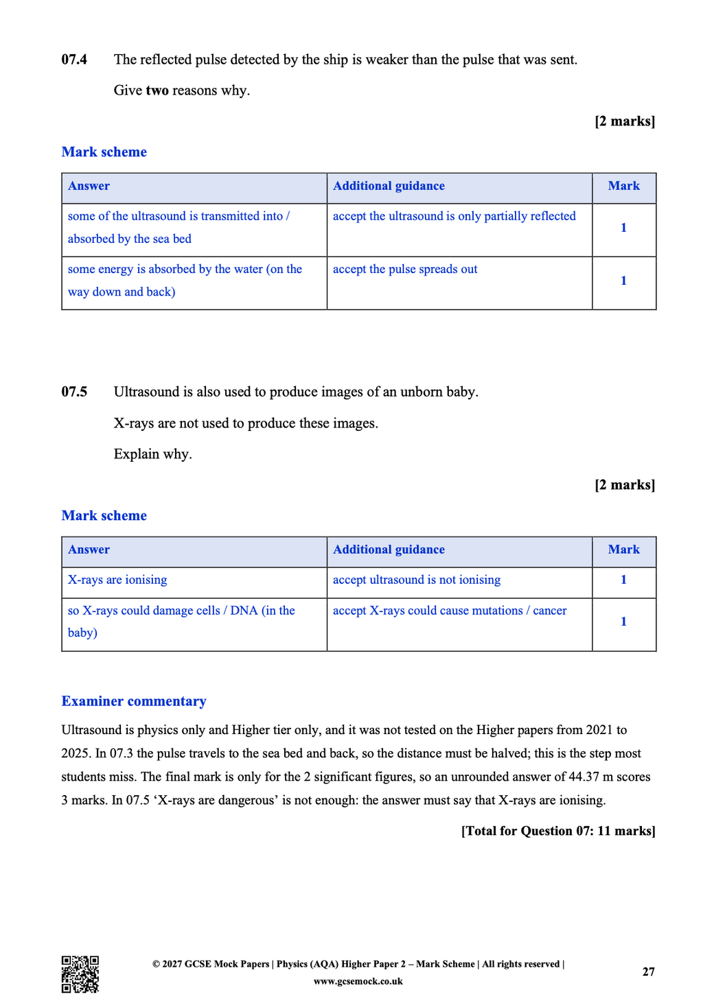 Sample page from AQA GCSE Physics Higher Paper 2 predicted mark scheme showing ultrasound questions and expert examiner commentary