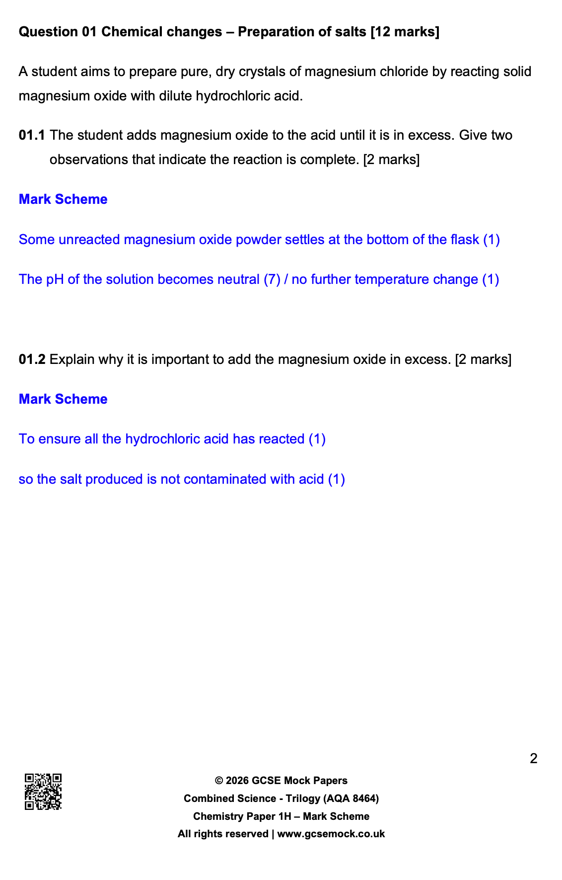 Sample page of the 2026 AQA GCSE Combined Science Chemistry Trilogy (8464) Paper 1H predicted paper and mark scheme, featuring a question on the preparation of salts in the topic of chemical changes.