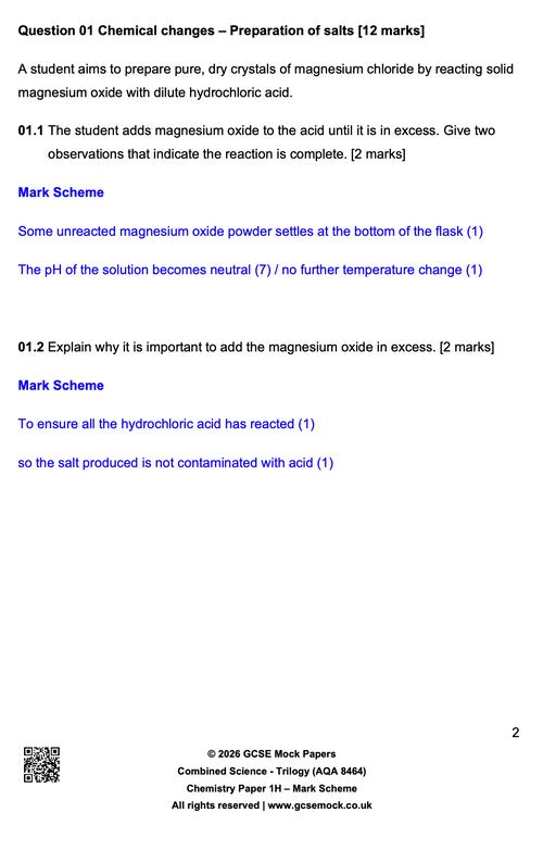 Sample page of the 2026 AQA GCSE Combined Science Chemistry Trilogy (8464) Paper 1H predicted paper and mark scheme, featuring a question on the preparation of salts in the topic of chemical changes.