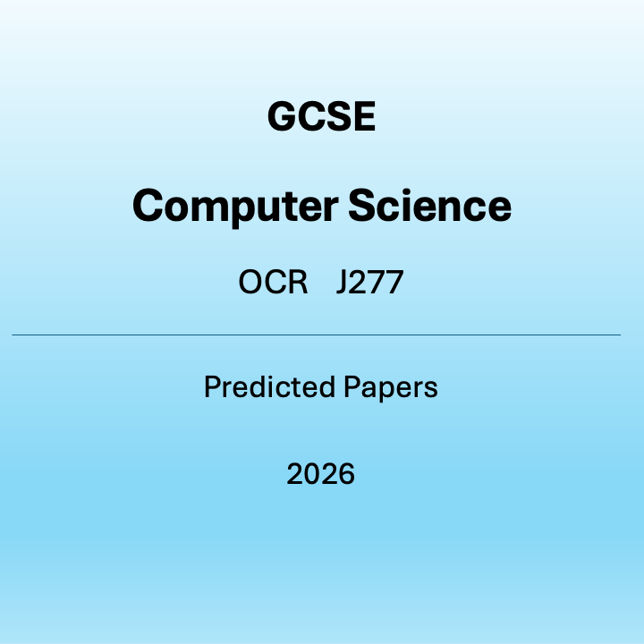 Product badge for the 2026 GCSE Computer Science OCR J277 Predicted Papers. The image features a light blue gradient background with clear black text for the OCR J277 specification and the 2026 examination year