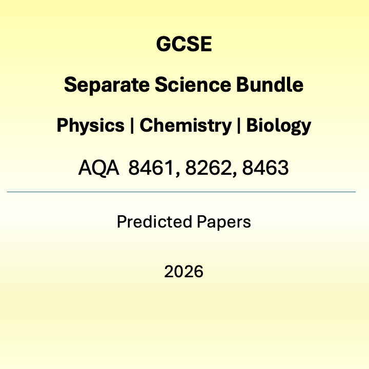 Product badge for the 2026 GCSE Separate Science (Triple Science) Predicted Papers bundle, covering AQA Biology (8461), Chemistry (8462), and Physics (8463). The image features a yellow gradient background with clear text for the 2026 examination series.