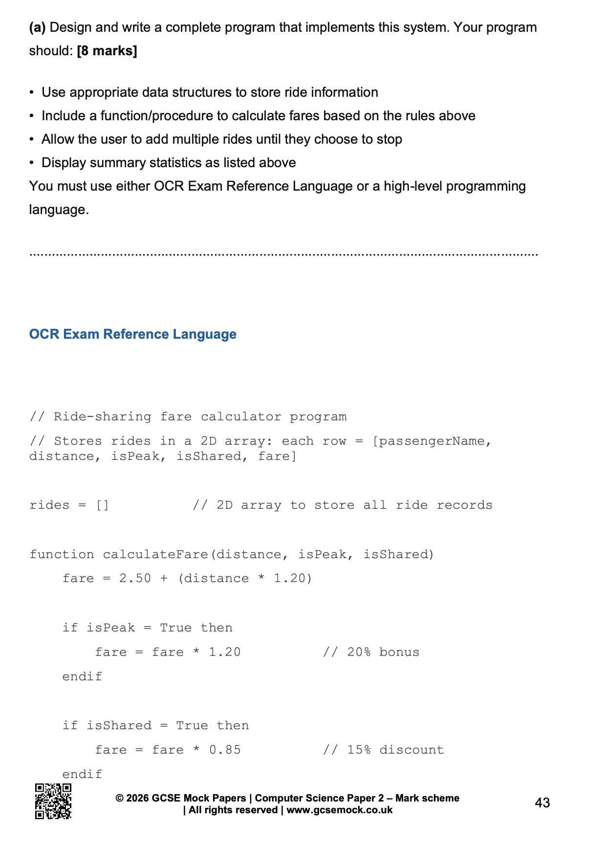 Preview of the 2026 OCR GCSE Computer Science (J277) Paper 2 predicted mark scheme, featuring an 8-mark programming question and solution written in OCR Exam Reference Language.