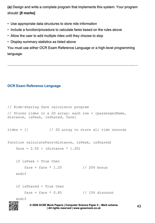 Preview of the 2026 OCR GCSE Computer Science (J277) Paper 2 predicted mark scheme, featuring an 8-mark programming question and solution written in OCR Exam Reference Language.